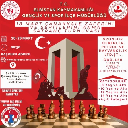Elbistan 18 Mart Çanakkale Zaferi ve Şehitleri Anma Satranç Turnuvası